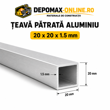 Teava patrata aluminiu 20 x 20 x 1.5 mm, 6 metri (EN AW-6060)
